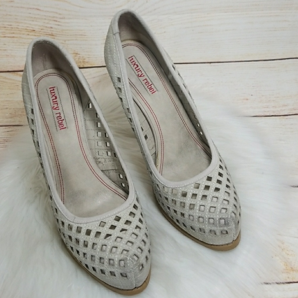 Luxury Rebel eyelet hole suede grayish heels sz 8